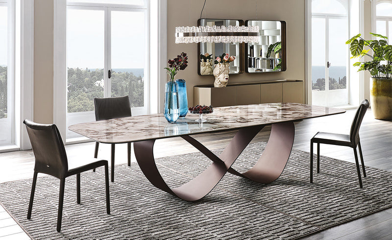 【LAS VEGAS MARKET EXHIBIT】 Infinity Base Pandora Marble Dining Table – Polished Stone Top with Sculptural Metal Base