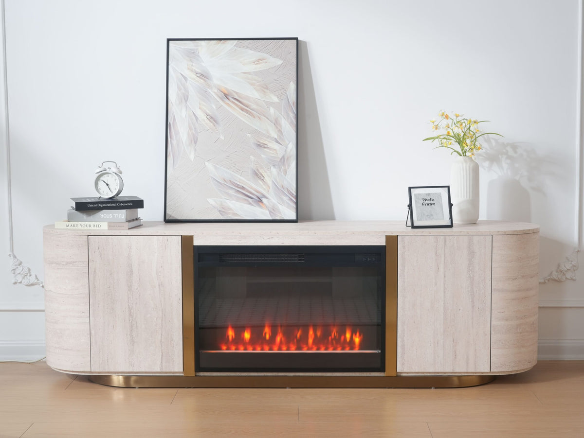 Modern Travertine Panel TV Stand with Fireplace