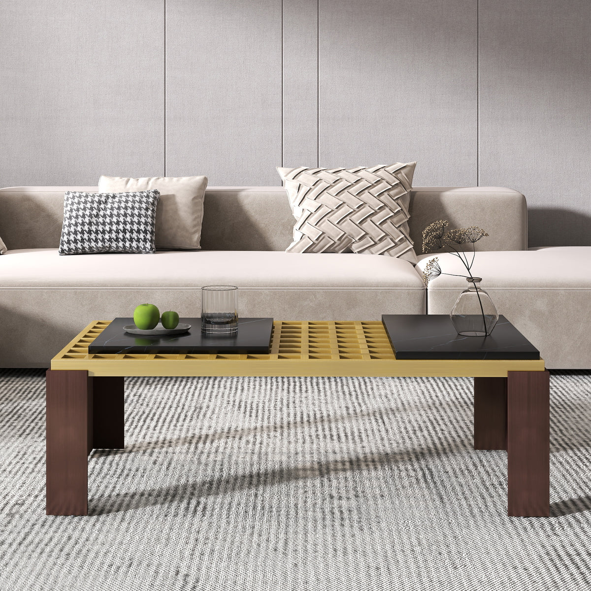 Modern Coffee Table with Artificial Marble Tops, Stainless Steel Grid, and Iron Legs