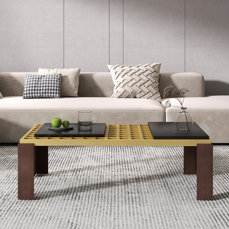 Modern Coffee Table with Artificial Marble Tops, Stainless Steel Grid, and Iron Legs