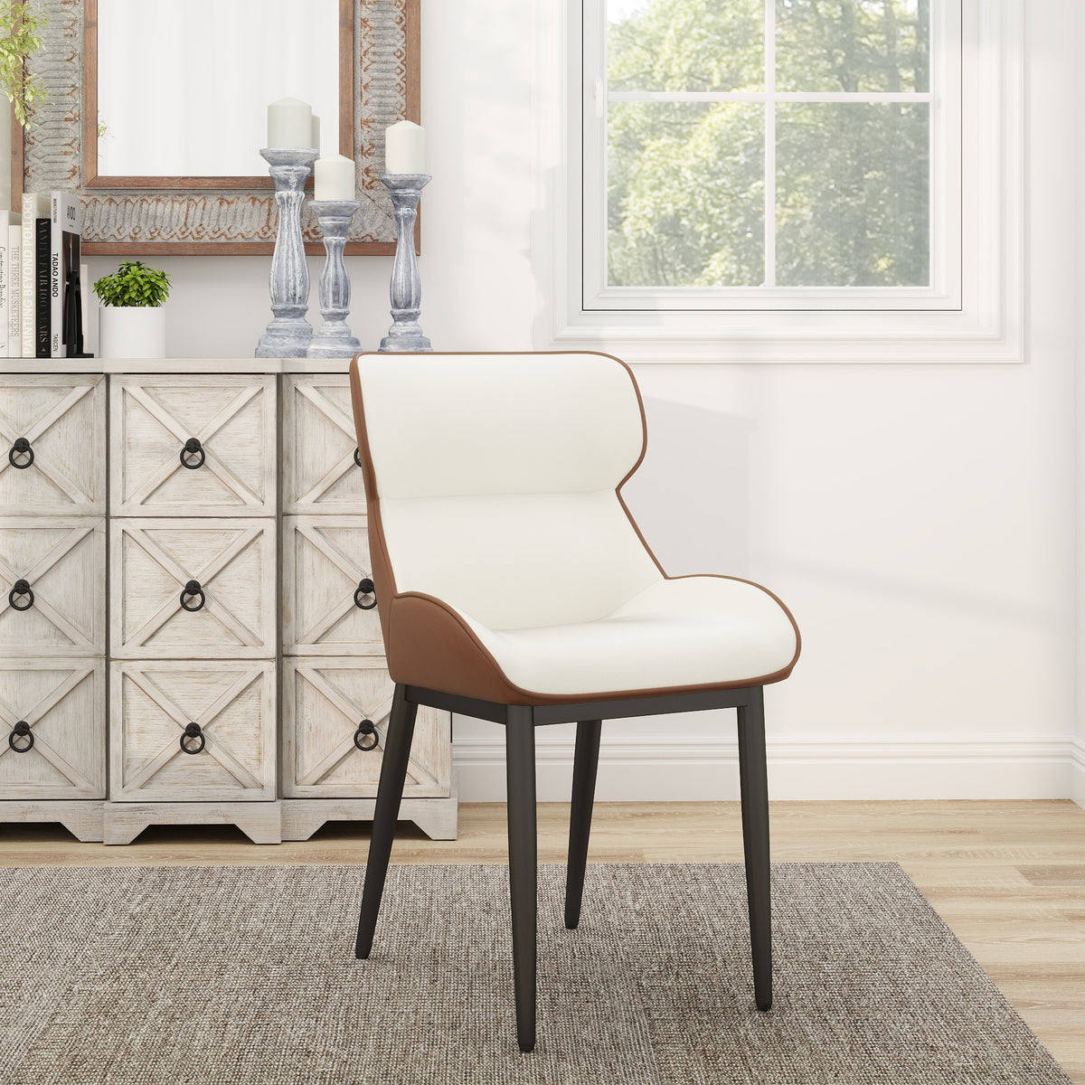 Modern Contrast Color Leather Dining Chair Set of 2- Ergonomic Comfort Backrest with Sturdy Metal Legs for Dining Room & Kitchen
