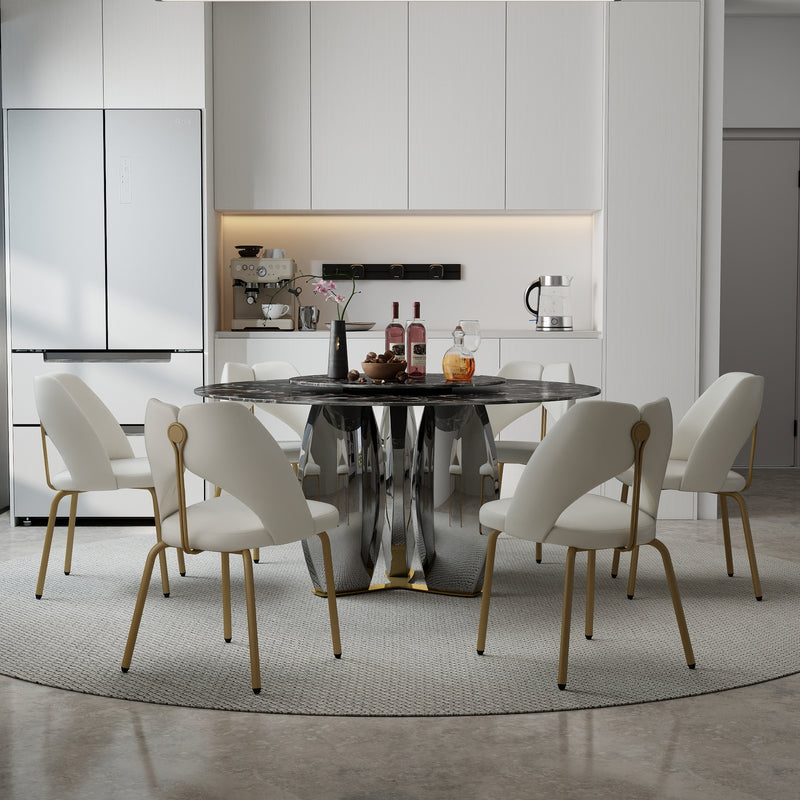 Mirrored Base Round Dining Table – 2 Color/Size Marble Tabletop Options, Optional Lazy Susan