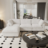 L-Shaped Corduroy Modular Sofa with Ottoman – Cream White Ribbed Fabric, Sectional Sofa for Living Room