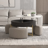 Lift-Top Round Coffee Table with Hidden Storage & 3 Upholstered Stools – 2 Color Options (Black/Natural Wood)