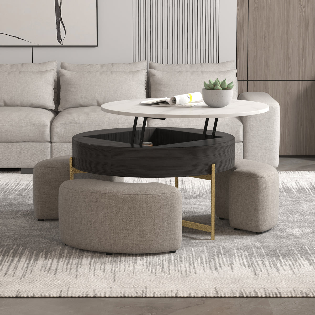 Lift-Top Round Coffee Table with Hidden Storage & 3 Upholstered Stools – 2 Color Options (Black/Natural Wood)