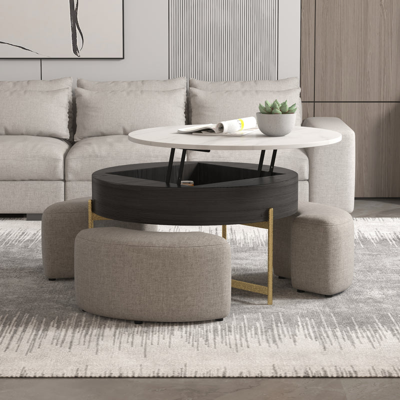 Lift-Top Round Coffee Table with Hidden Storage & 3 Upholstered Stools – 2 Color Options (Black/Natural Wood)