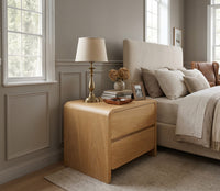 【LAS VEGAS MARKET EXHIBIT Curved Log Nightstand】All-rounded solid log bedside table exhibited at Las Vegas Furniture Fair, soft continuous curved silhouette delivers pure natural log minimalist bedroom storage aesthetic.