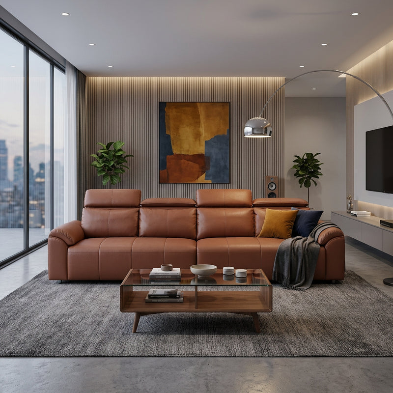 4-Seater Leather Look Sofa with Adjustable Headrests & Side Pocket Storage