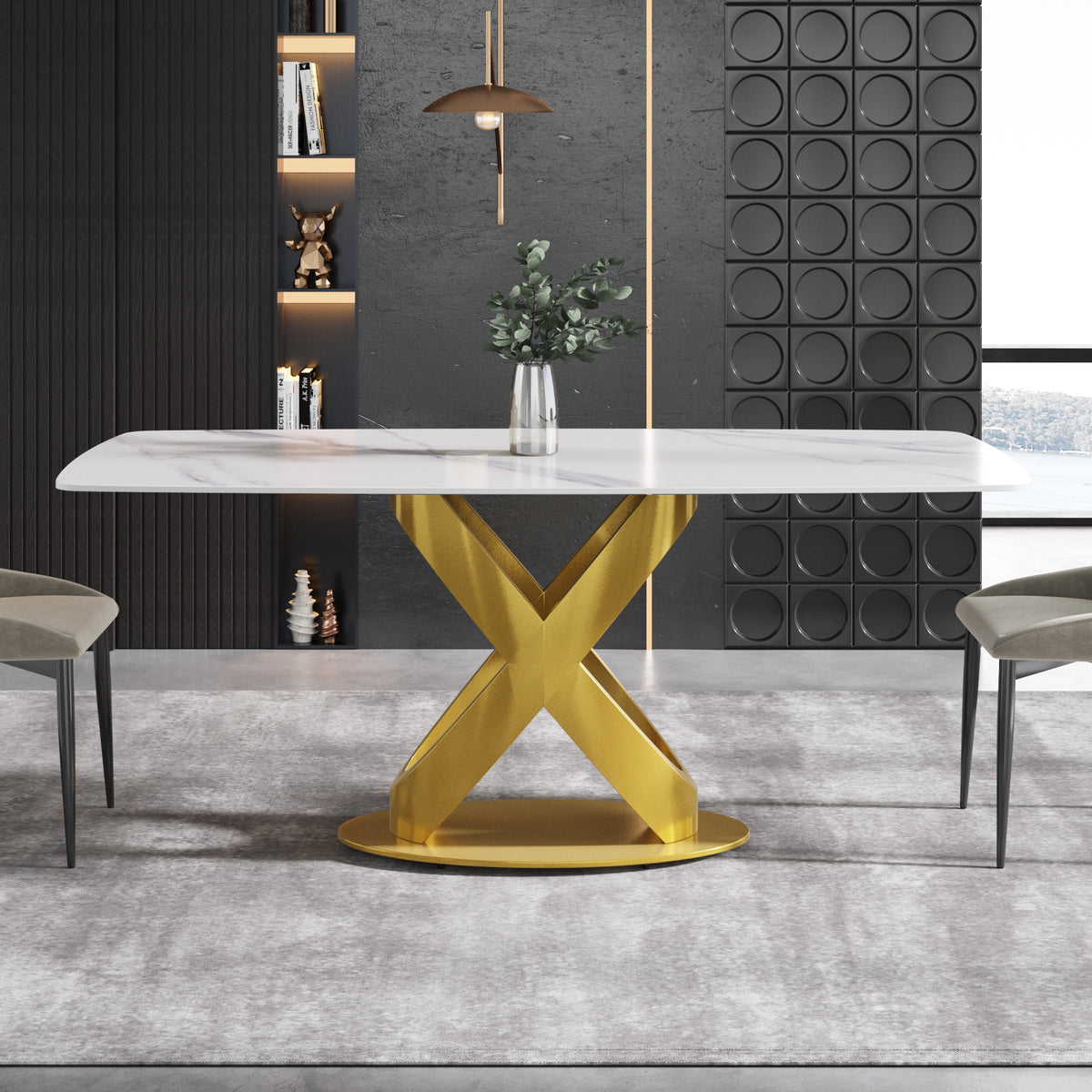 63/70.9inch Sizes & 3 Colors Rectangular Marble Dining Table – Gold/Black Carbon Steel X-Base