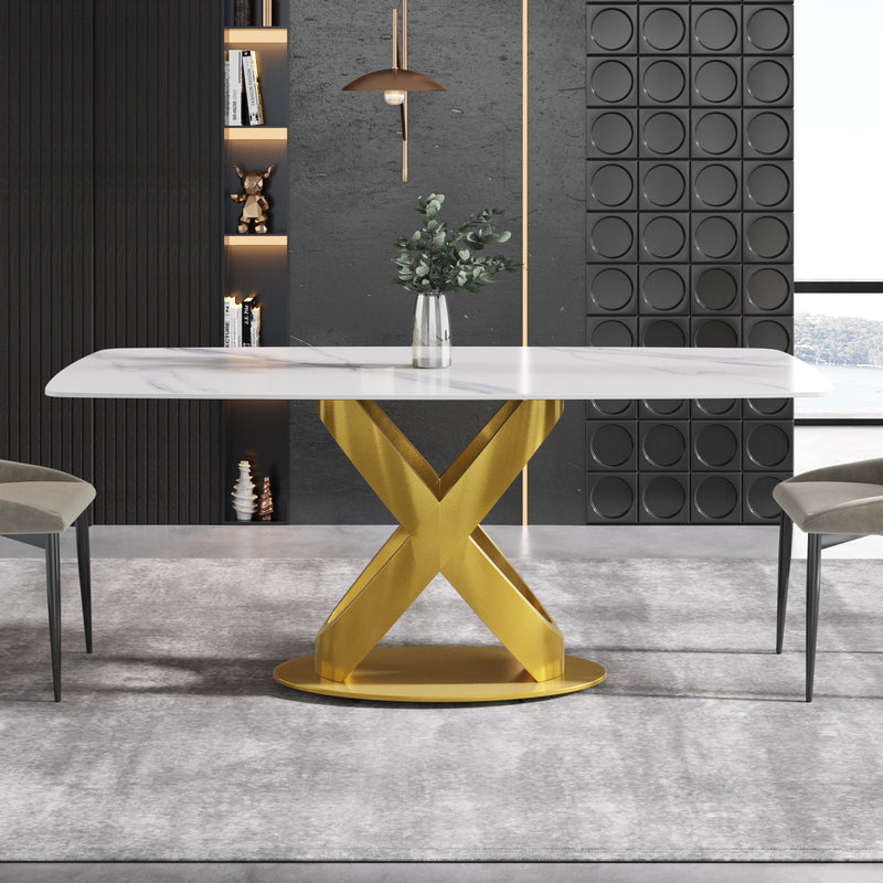63/70.9inch Sizes & 3 Colors Rectangular Marble Dining Table – Gold/Black Carbon Steel X-Base