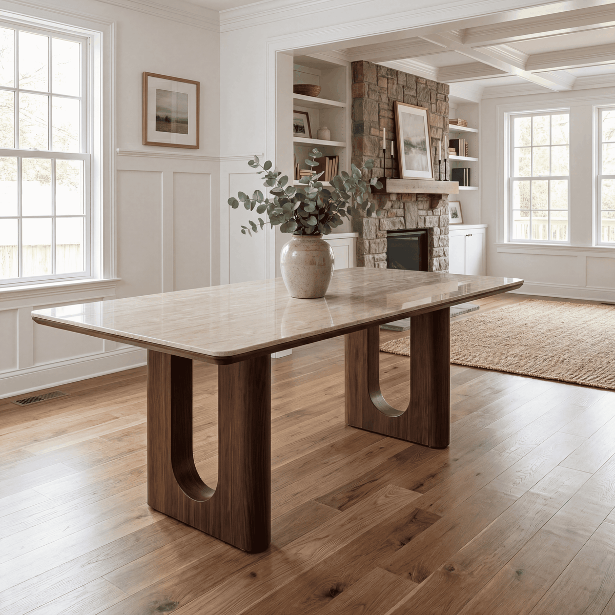 Travertine Top Dining Table with Walnut Base – Modern Rectangular Kitchen Table