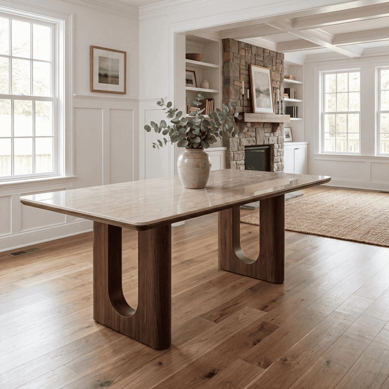 Travertine Top Dining Table with Walnut Base – Modern Rectangular Kitchen Table