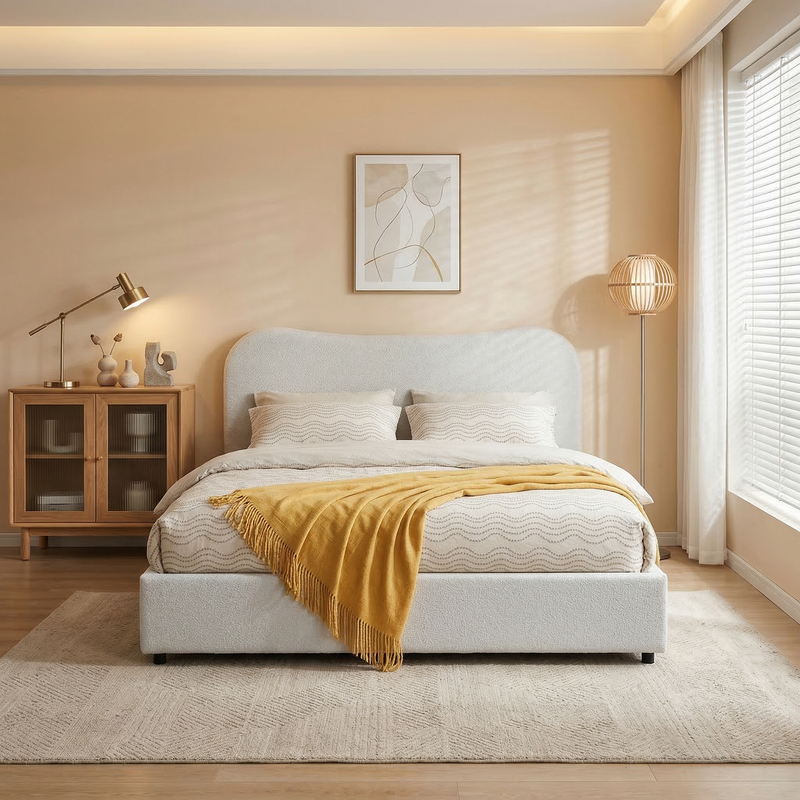 Wave-Shaped Upholstered Platform Bed – 2 Color Options, Queen & King Size