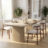 【LAS VEGAS MARKET EXHIBIT】Fluted Travertine Veneer Sintered Stone Dining Table, Oval Double Pedestal Rectangle Table