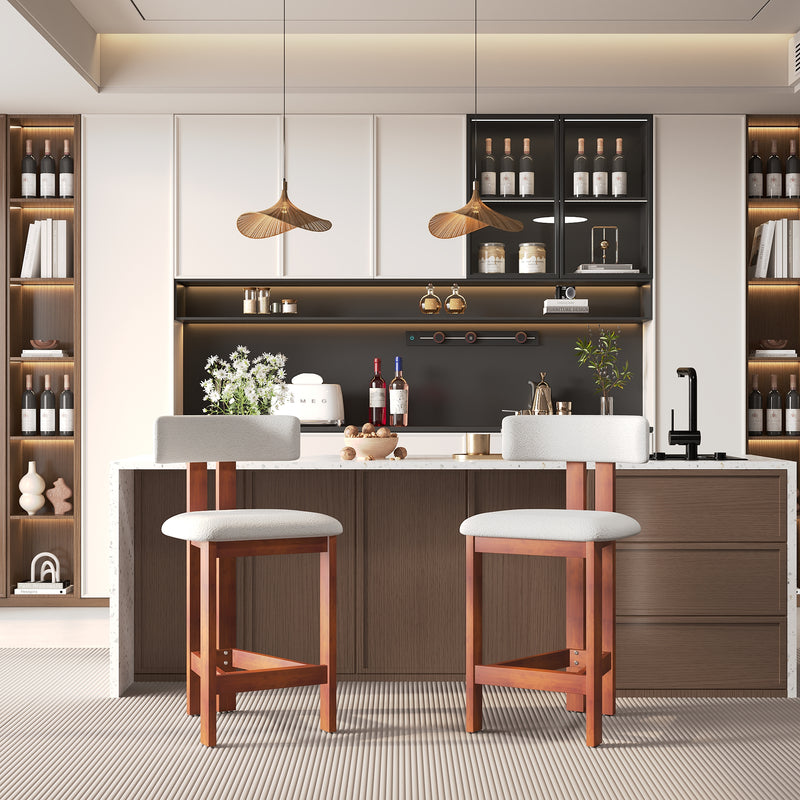Minimalist Upholstered Counter Bar Stool Set, Walnut Solid Wood Frame, 2-Pack Per Box