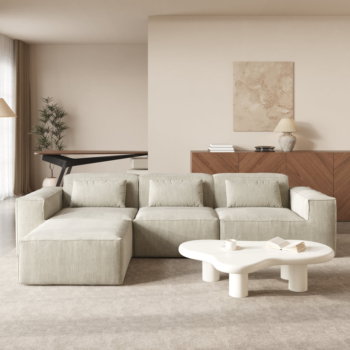 Compressible Modular Sectional Sofa – Cloud Velvet Fabric + Flexible Assembly, Minimalist Relaxed Vibe Living Room Sofa