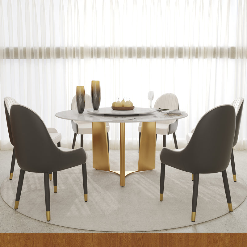 2 Sizes & 3 Colors Round Dining Table – Optional Rotating Lazy Susan, Geometric Gold Metal Pedestal Base