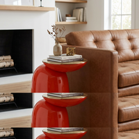【LAS VEGAS MARKET EXHIBIT】Glossy Orange-Red Sculptural Side Table, Brushed Brass Round Top Modern Accent End Table for Living Room