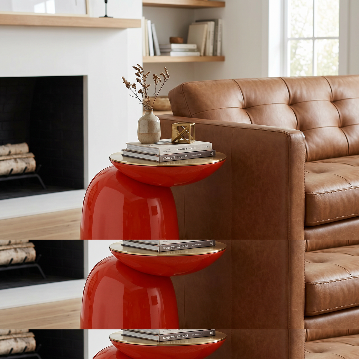【LAS VEGAS MARKET EXHIBIT】Glossy Orange-Red Sculptural Side Table, Brushed Brass Round Top Modern Accent End Table for Living Room