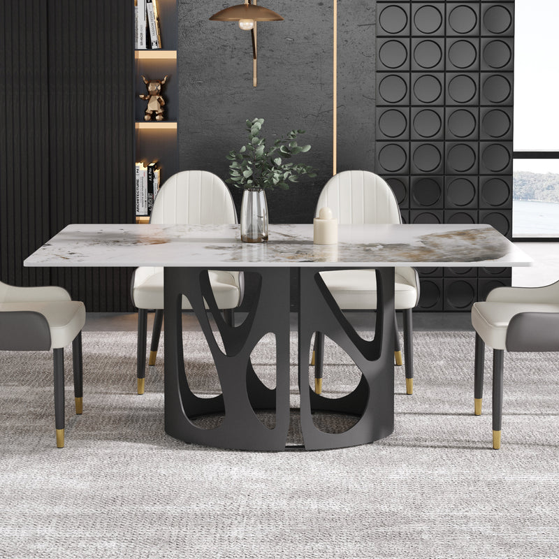 2 Sizes & 3 Colors Rectangular Dining Table – Artistic Cutout Metal Pedestal Base