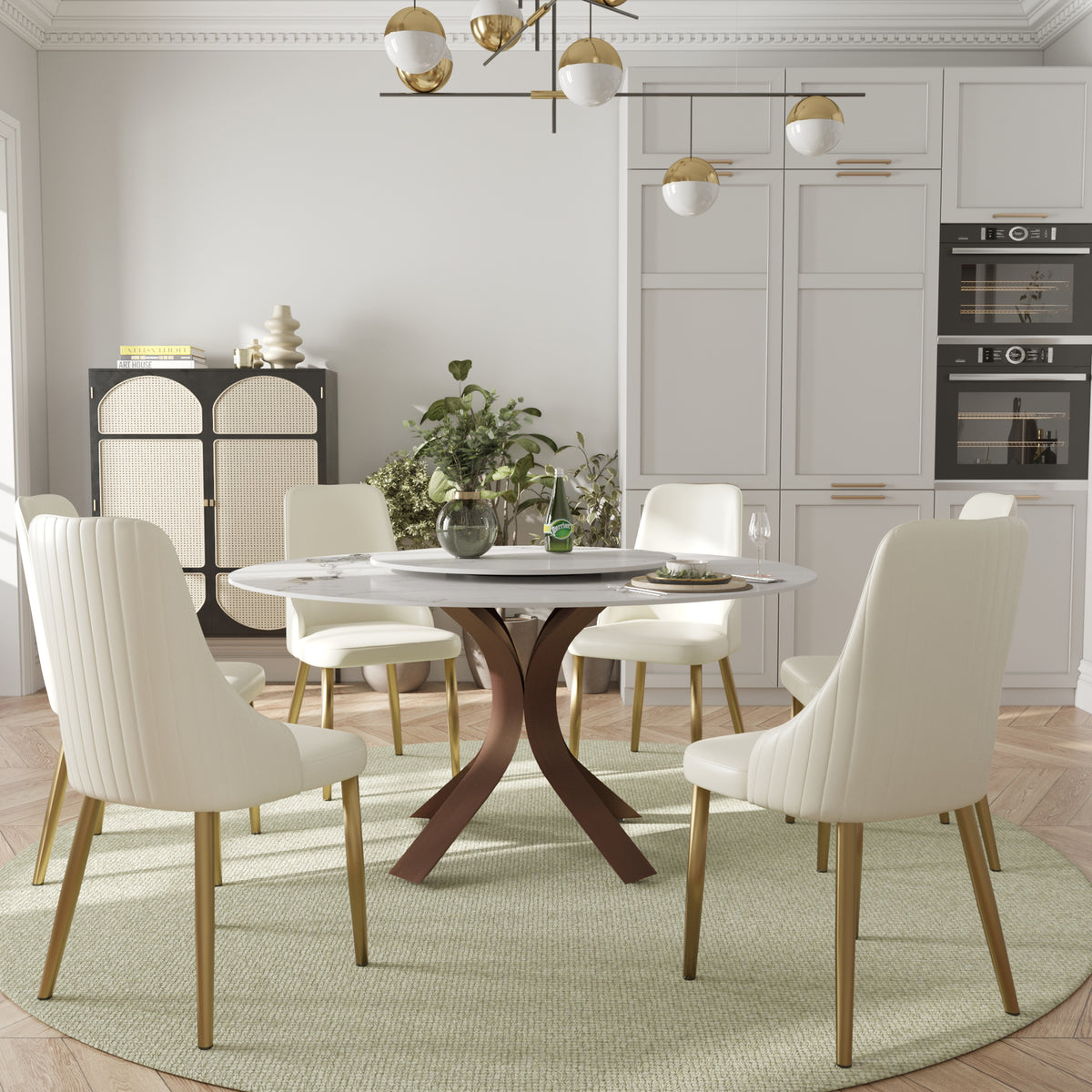 2 Sizes & 3 Colors Round Marble-Pattern Dining Table – Optional Rotating Lazy Susan, 2-Tone X-Shaped Metal Legs