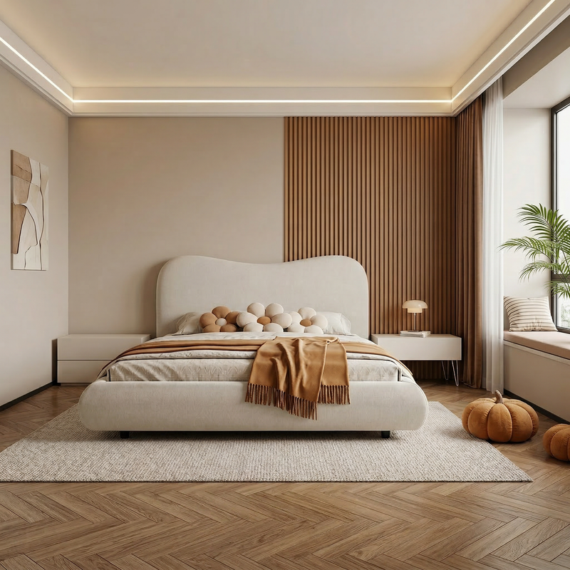 Wave-Shaped Upholstered Platform Bed – Queen & King Size Options