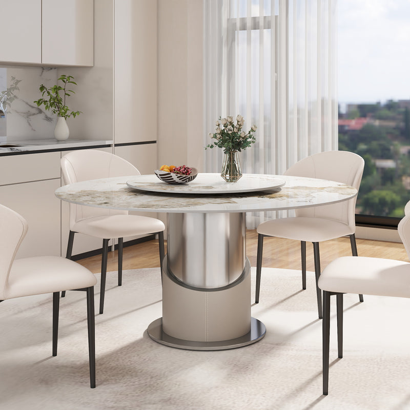 2 Sizes & 3 Colors Sintered Stone Dining Table Optional Rotating Tray Light Luxury Round Table Set for Home