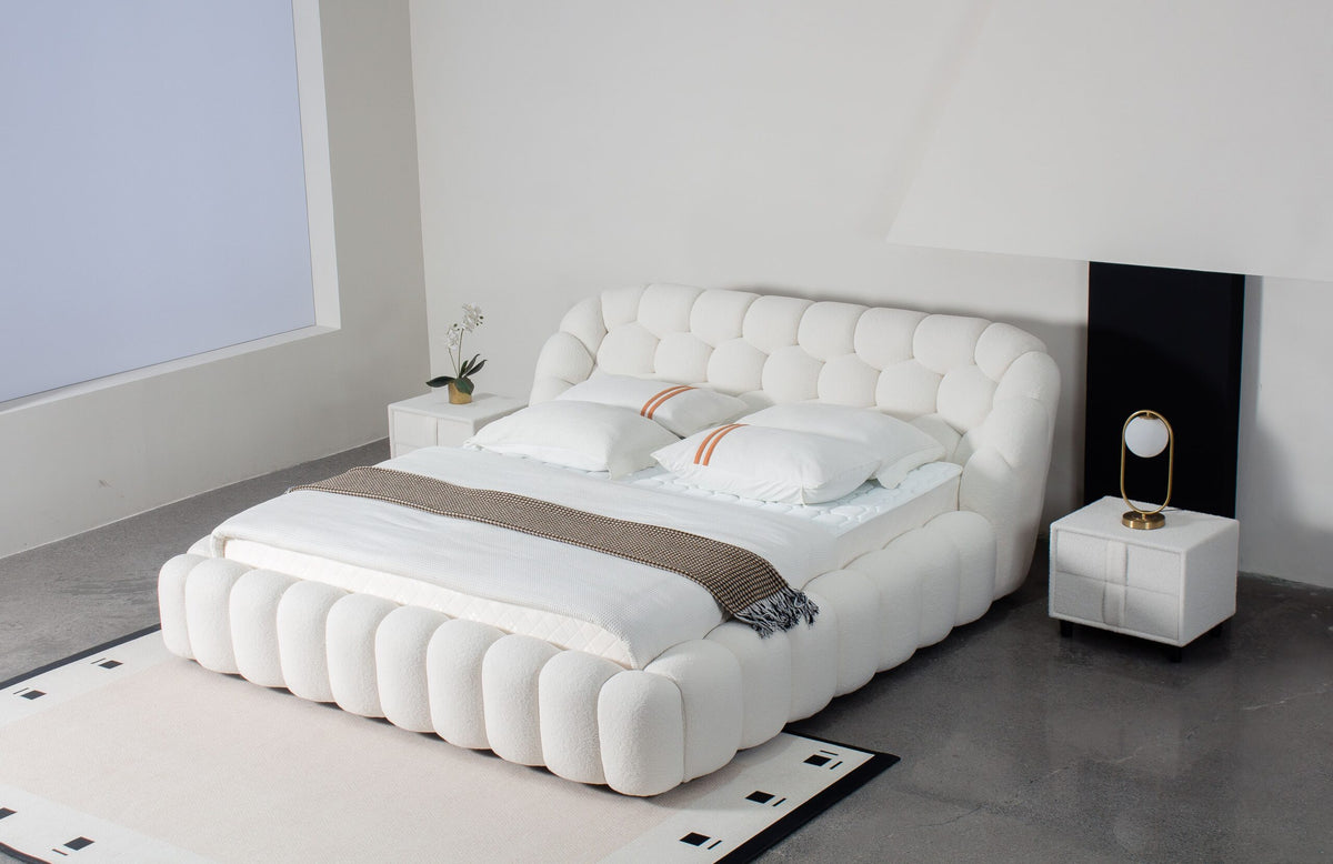 Bubble Tufted Platform Bed – Lamb Wool Upholstered Bed Available in Queen (60×80in) & King (76×80in) Frame Sizes