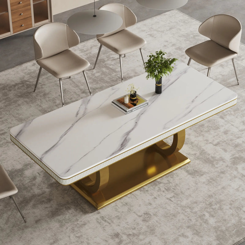 Modern Marble Dining Table, U-Shape Stainless Steel Base for Dining Room