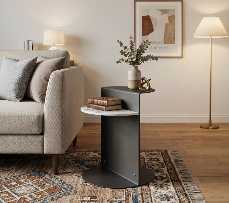 【LAS VEGAS MARKET EXHIBIT】2-Tier Sintered Stone Side Table, Matte Dark Gray Metal Frame Modern Half Moon Accent End Table for Living Room