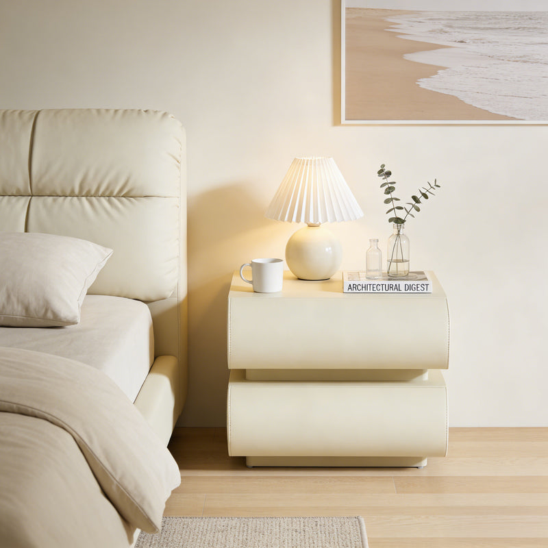 Cream Upholstered 2-Drawer Nightstand with Curved Handles – Modern Bedside Table
