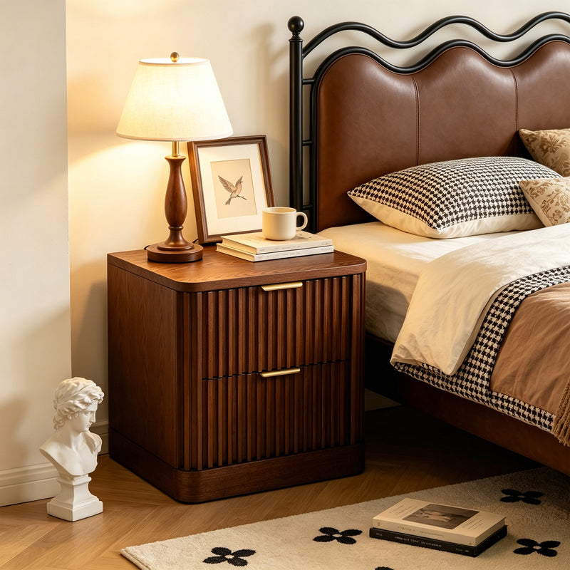 Fluted Solid Wood Nightstand with 2 Drawers, Vintage Rounded Bedside Cabinet for Bedroom Storage