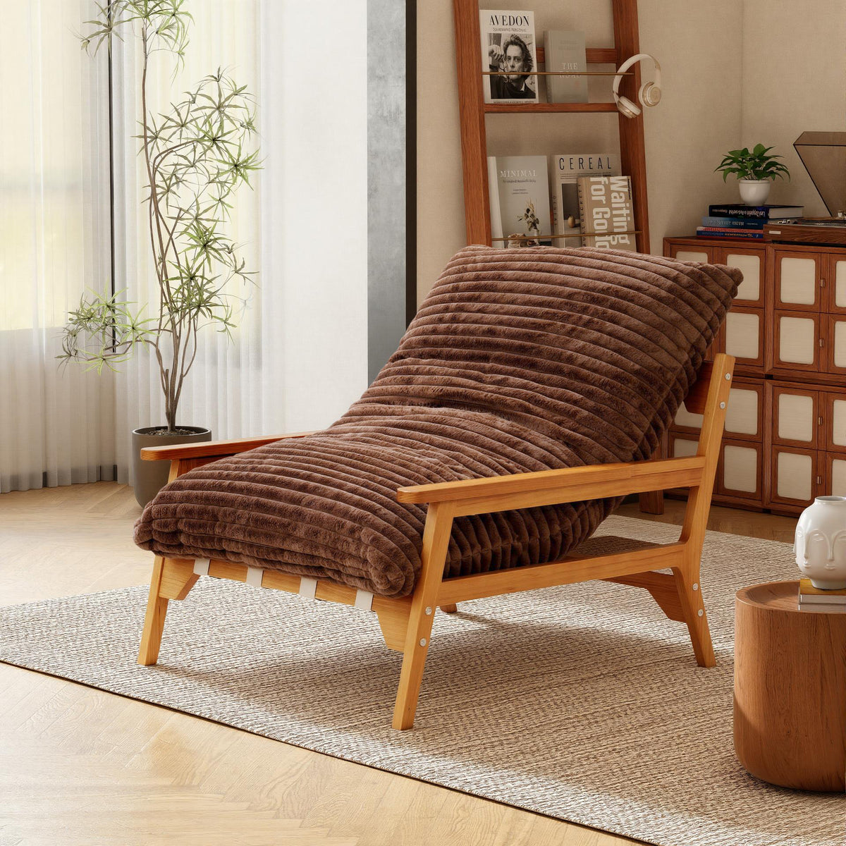 White Ash Wood Frame Chaise Lounge Accent Chair with Striped Cushion