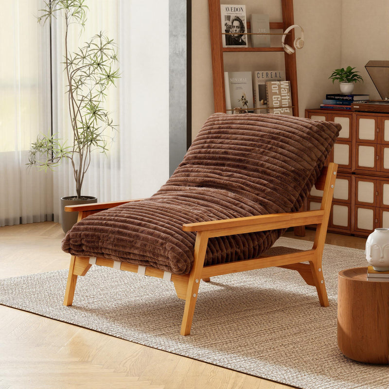 White Ash Wood Frame Chaise Lounge Accent Chair with Striped Cushion