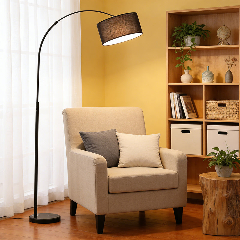 Modern Arc Floor Lamp with Drum Shade – Adjustable Standing Lamp for Living Room & Reading Nook
