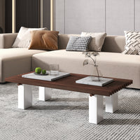 Slatted Coffee Table with Artificial Marble Tops & Iron Legs – Modern Center Table
