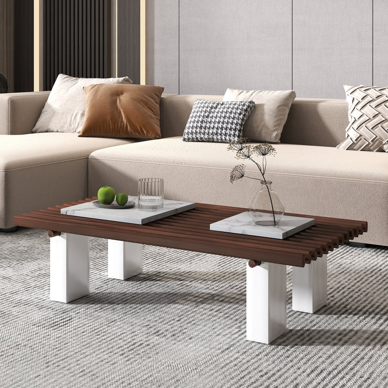 Slatted Coffee Table with Artificial Marble Tops & Iron Legs – Modern Center Table