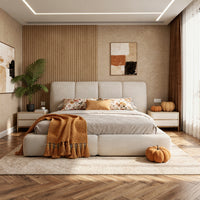 Vertical-Stripe Textured Upholstered Platform Bed with 4-Panel Headboard – Queen & King Size Options