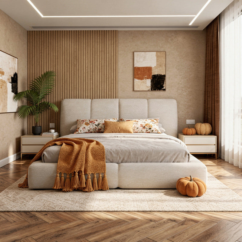 Vertical-Stripe Textured Upholstered Platform Bed with 4-Panel Headboard – Queen & King Size Options