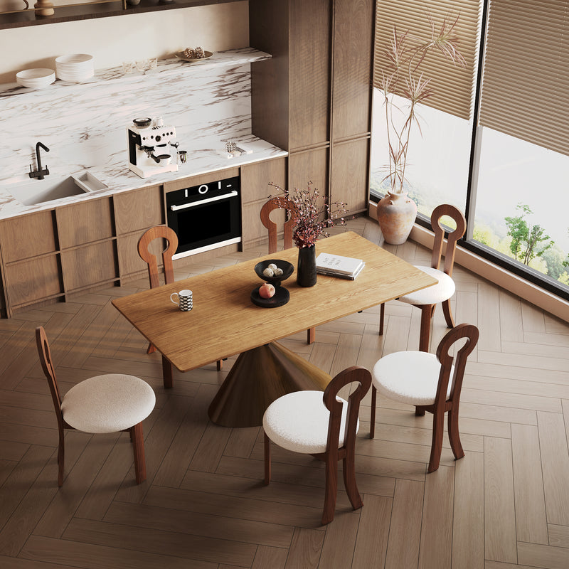 Rectangular Wood Dining Table, Conical Metal Pedestal Dining Table