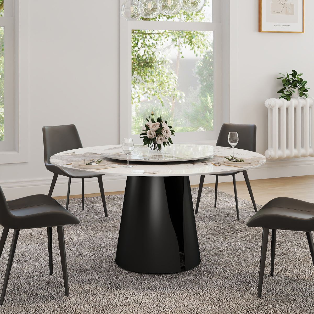 2 Sizes Round Pandora-Color Dining Table – Optional Rotating Lazy Susan, Black Pedestal Base