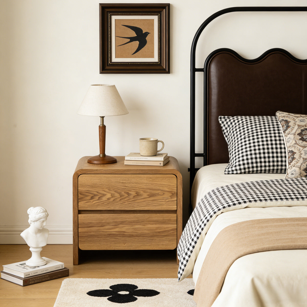 Natural Wood Tone 2-Drawer Nightstand, Modern Minimalist Bedside Table