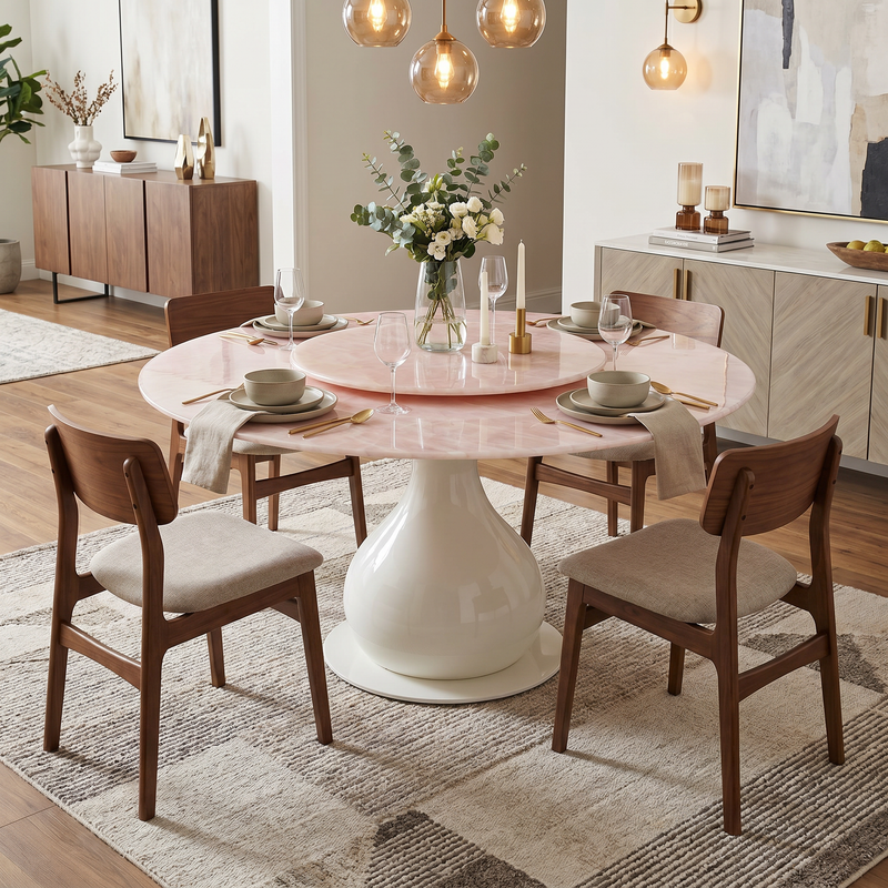 【LAS VEGAS MARKET EXHIBIT】Round Pink Natural Marble Dining Table, White Glossy Vase-Shaped Base Modern Luxury Kitchen & Dining Room Table