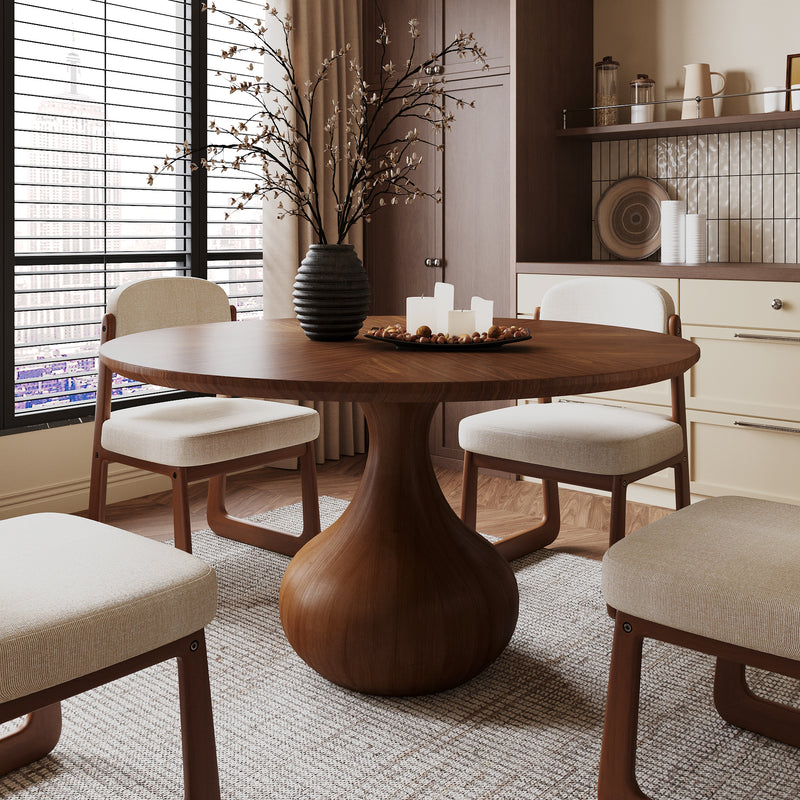 Round Wood Dining Table, Tulip Pedestal Dining Table with Starburst Veneer Tabletop