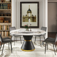 2 Sizes Round Sintered Stone Dining Table – Optional Rotating Lazy Susan, 2 Colors (Black/White) Pedestal Base with Gold Trim, Marble Pattern Tabletop