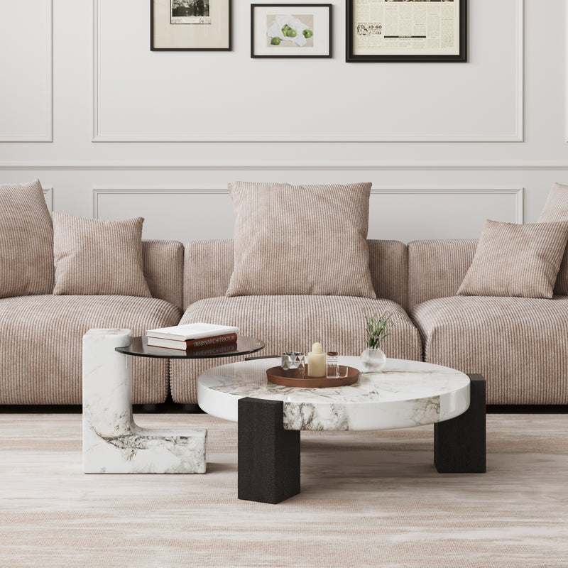 Black & White Veined Laminate Round Coffee Table – Contrast Block Legs Center Table