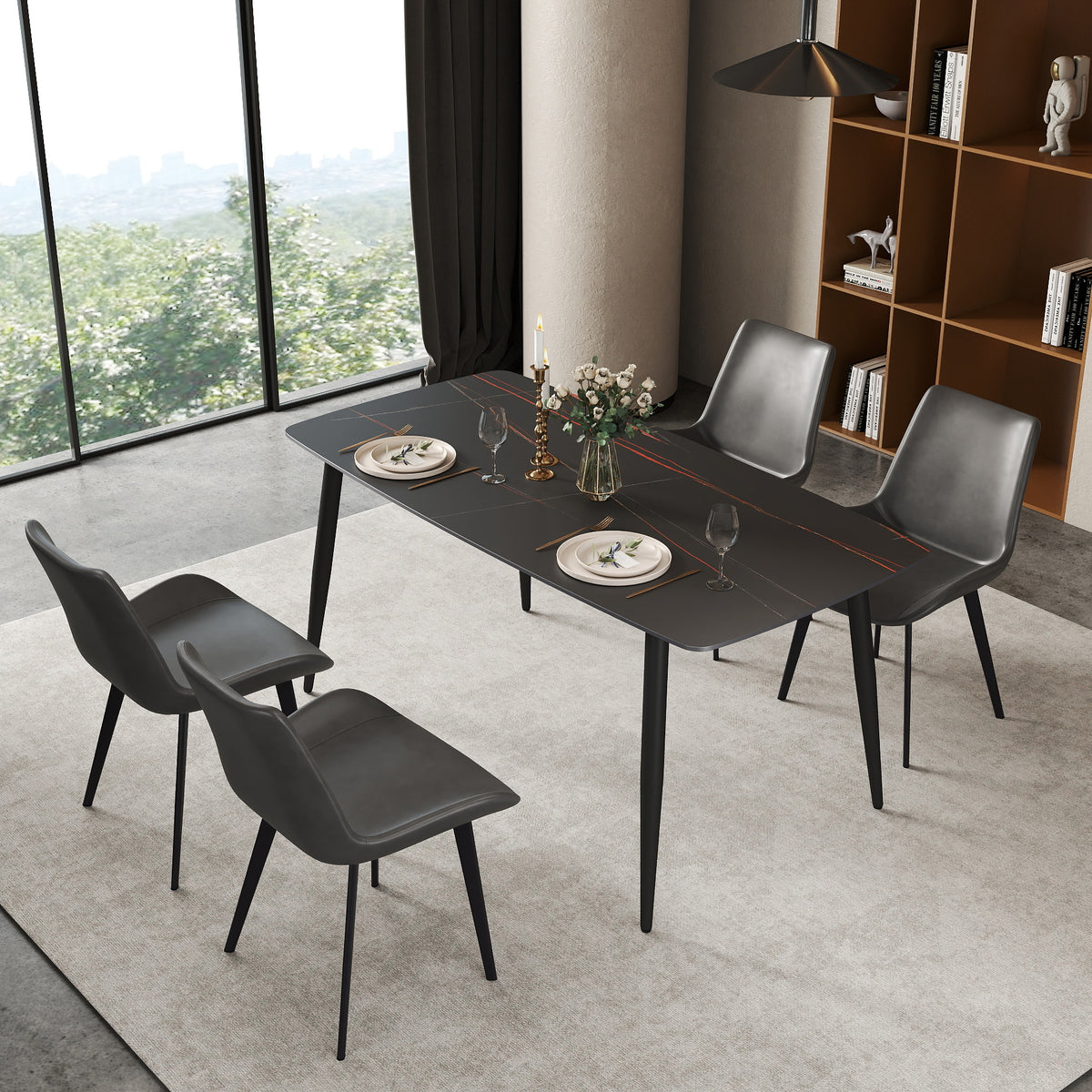 3 Sizes & 3 Colors Rectangular Dining Table – 2-Tone Tapered Metal Legs