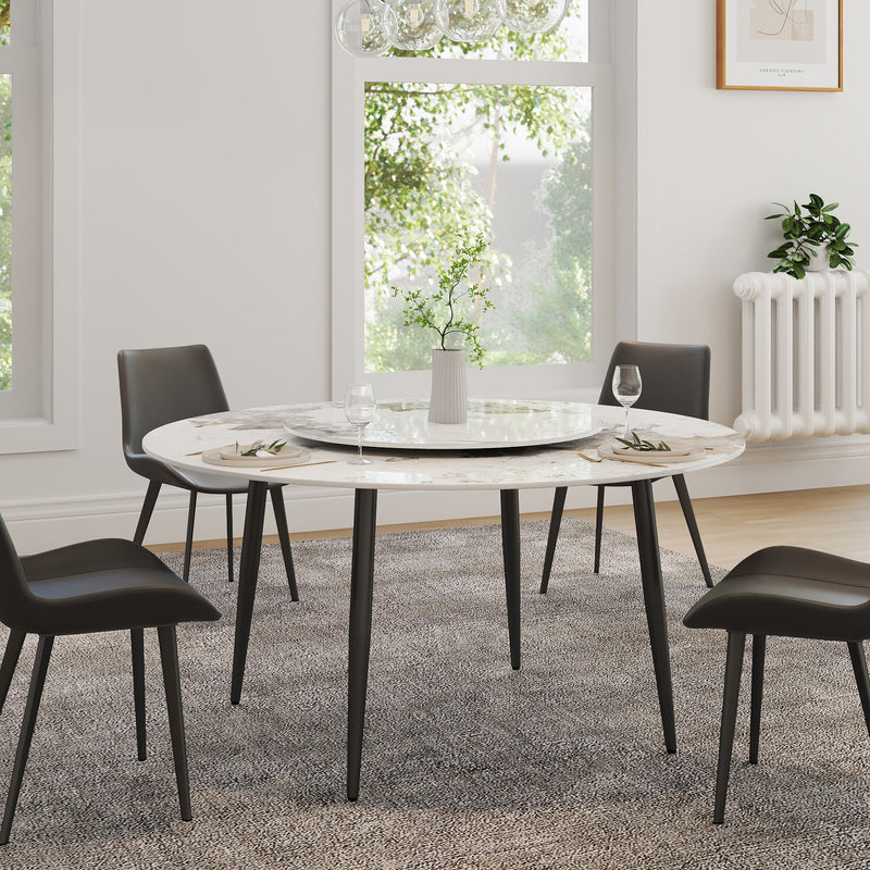 2 Sizes Round Sintered Stone Dining Table – Optional Rotating Lazy Susan, Black Metal Legs, Marble Pattern Tabletop for Modern Home