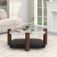 Two-Tier Coffee Table with Glass & Artificial Marble Tops, 2 Color Options (Bronze/White)