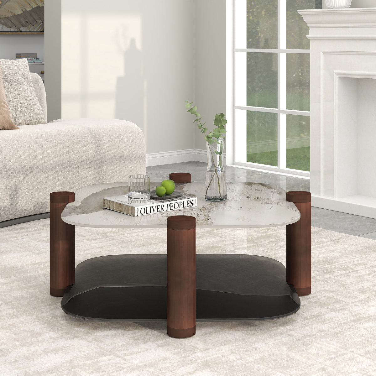Two-Tier Coffee Table with Glass & Artificial Marble Tops, 2 Color Options (Bronze/White)